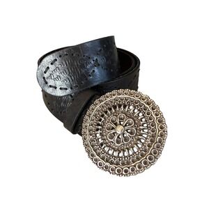 Fossil Black Leather Belt Silver Medallion Buckle Whipstitch Western Large